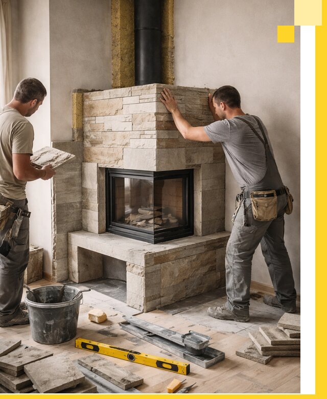 Угловые камины под ключ проект, монтаж и отделка в Малгобеке