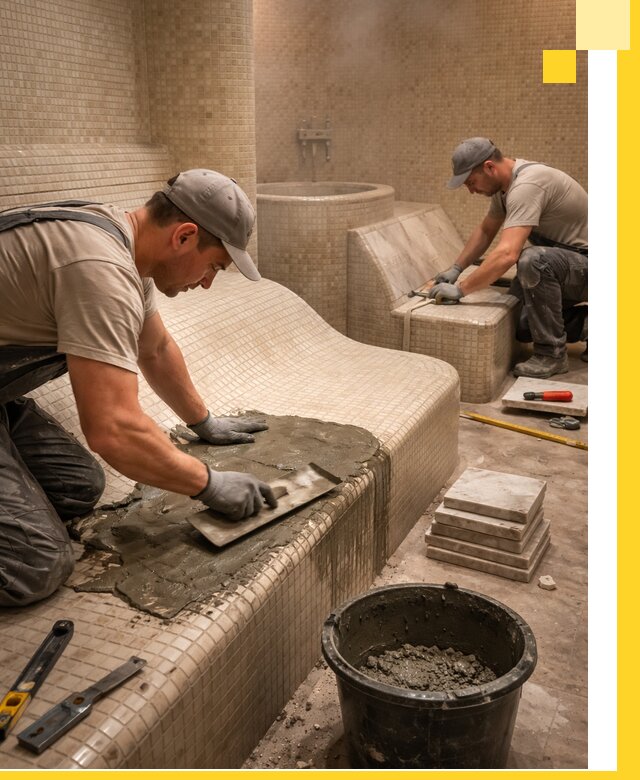 Лежаки для хамама под ключ в Малгобеке, проект и монтаж