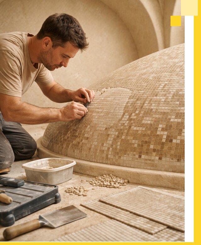 Профессиональная укладка мозаики для хамама под ключ в Малгобеке