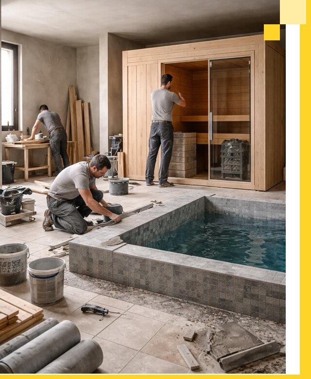 SPA зоны под ключ с бассейном сауной и печью в Малгобеке